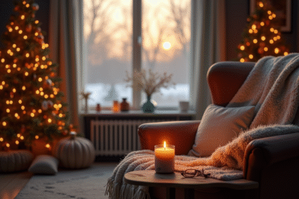 Salon d'hiver chaleureux avec cheminée et couverture en laine