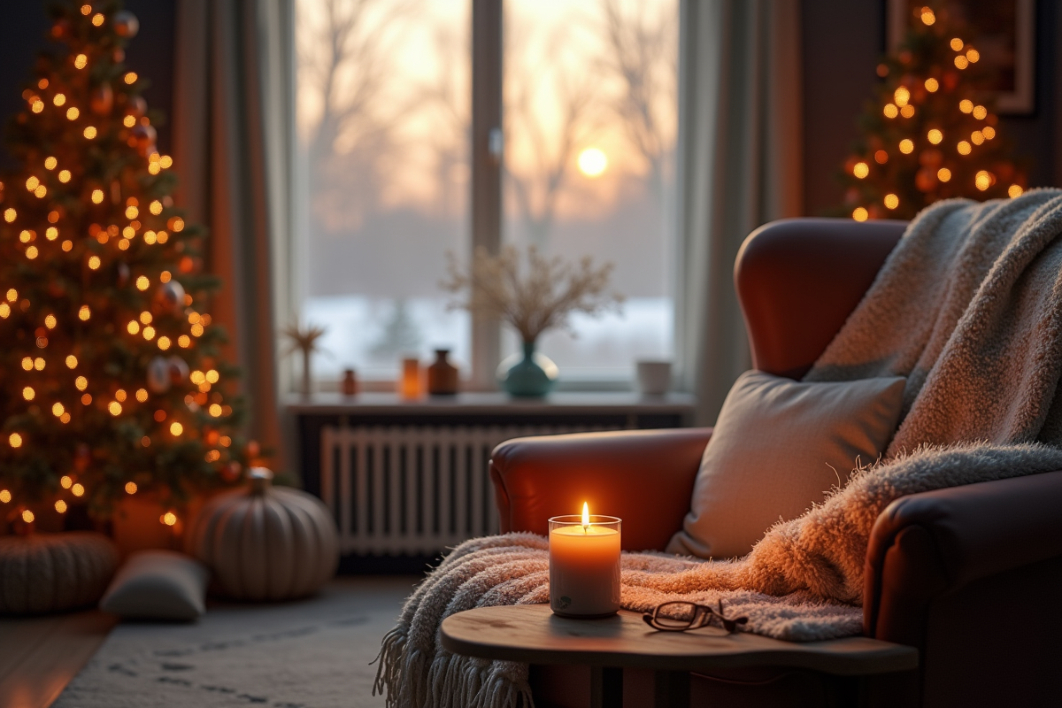 Salon d'hiver chaleureux avec cheminée et couverture en laine