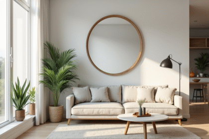 Salon moderne avec grand miroir reflet lumineux et plantes