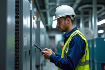 Technicien HVAC avec tablette près d'un VRV moderne