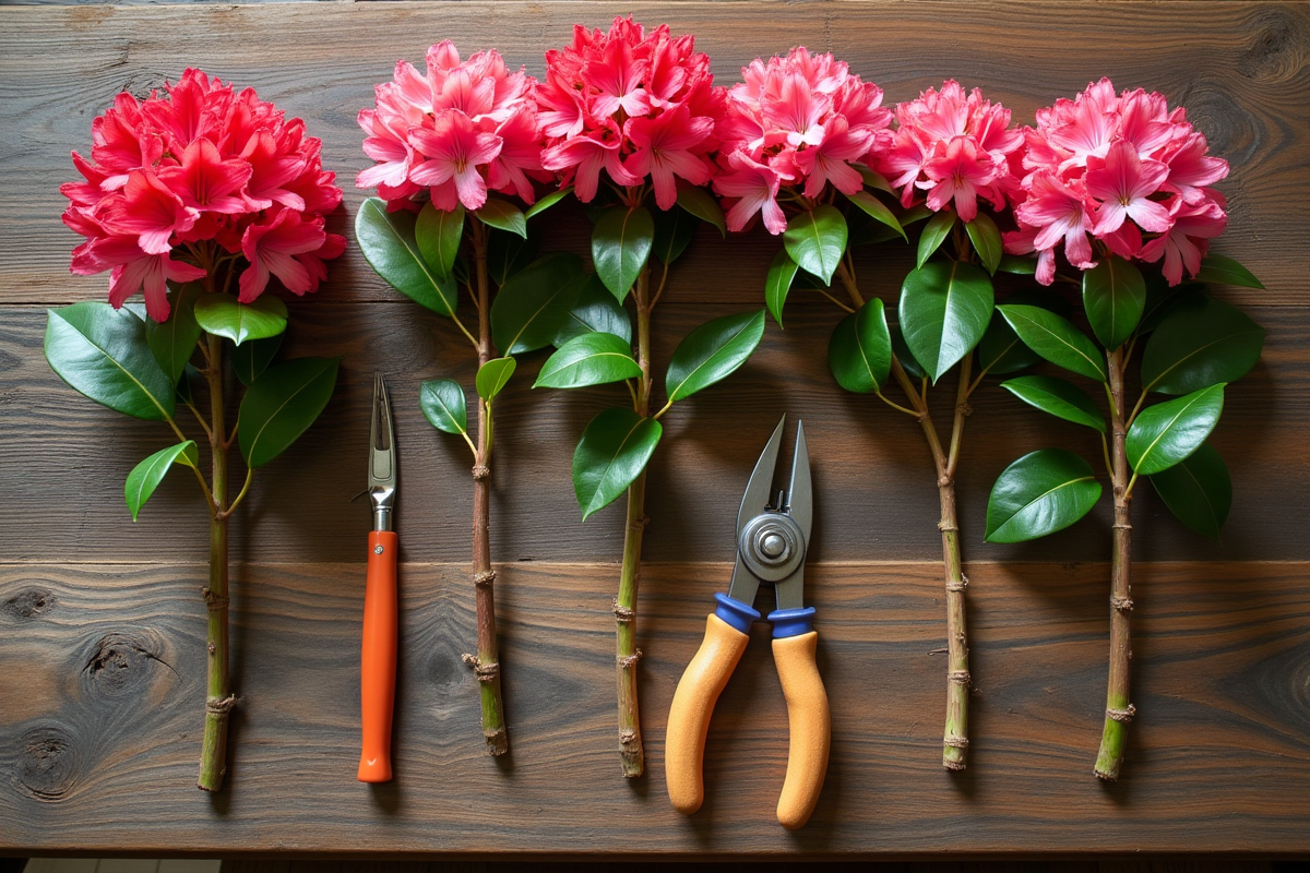 Tiges de rhododendron coupées prêtes à être propagées sur une table