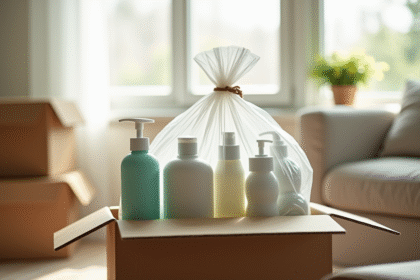 Collection de produits de toilette sur une boîte en carton