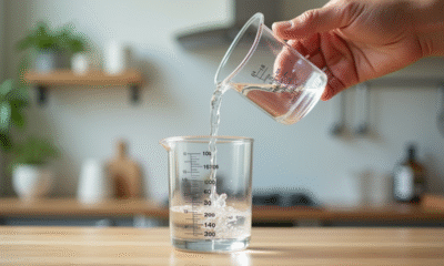 Main versant de l'eau dans un verre mesureur en cuisine
