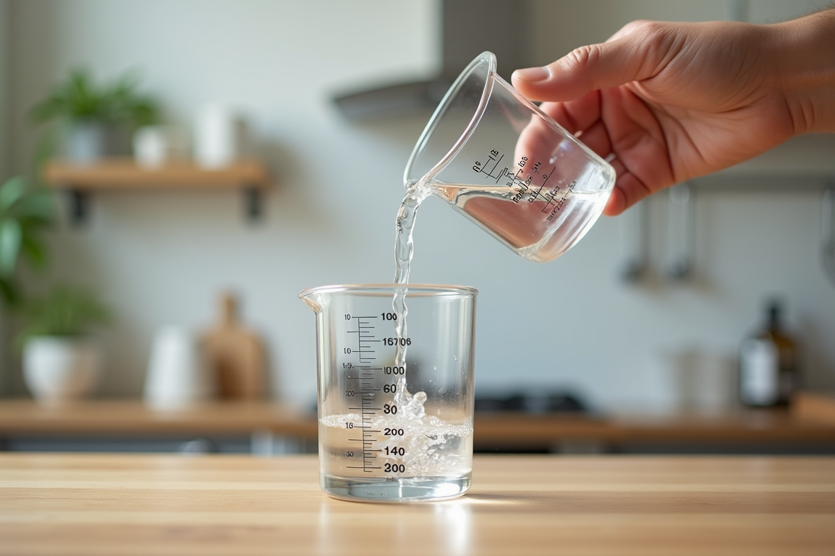 Main versant de l'eau dans un verre mesureur en cuisine